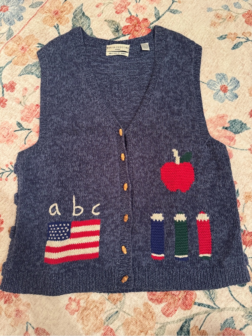 Vintage Marisa Christina Navy Hand Knitted Vest with Apple, Flag & Pencil Motifs